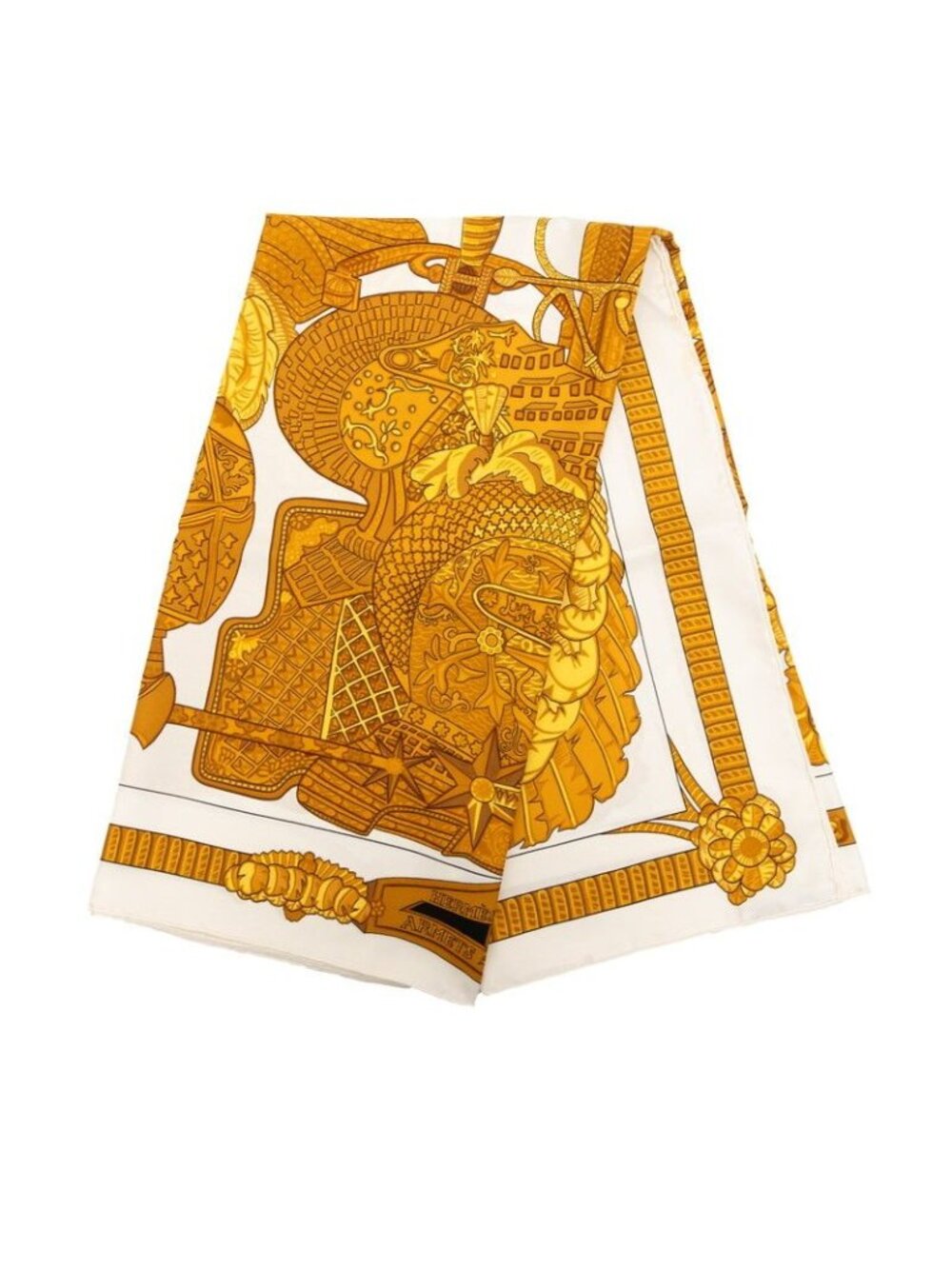 Hermes Carre 90 Armets En Panache Feathered Helmet Scarf Large Ivory Gold Silk - Picture 2 of 10